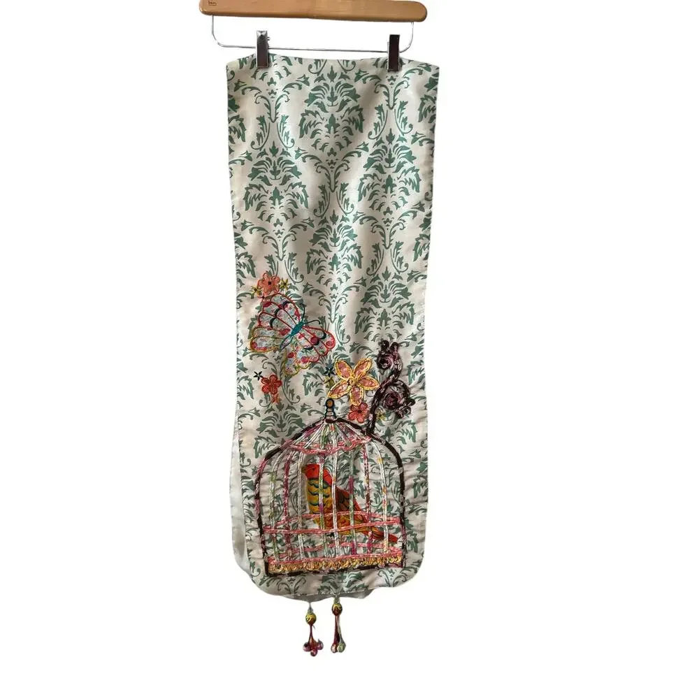 Pier 1 Imports Bohemian Caged Birds Butterfly Silky Floral Print Table Runner